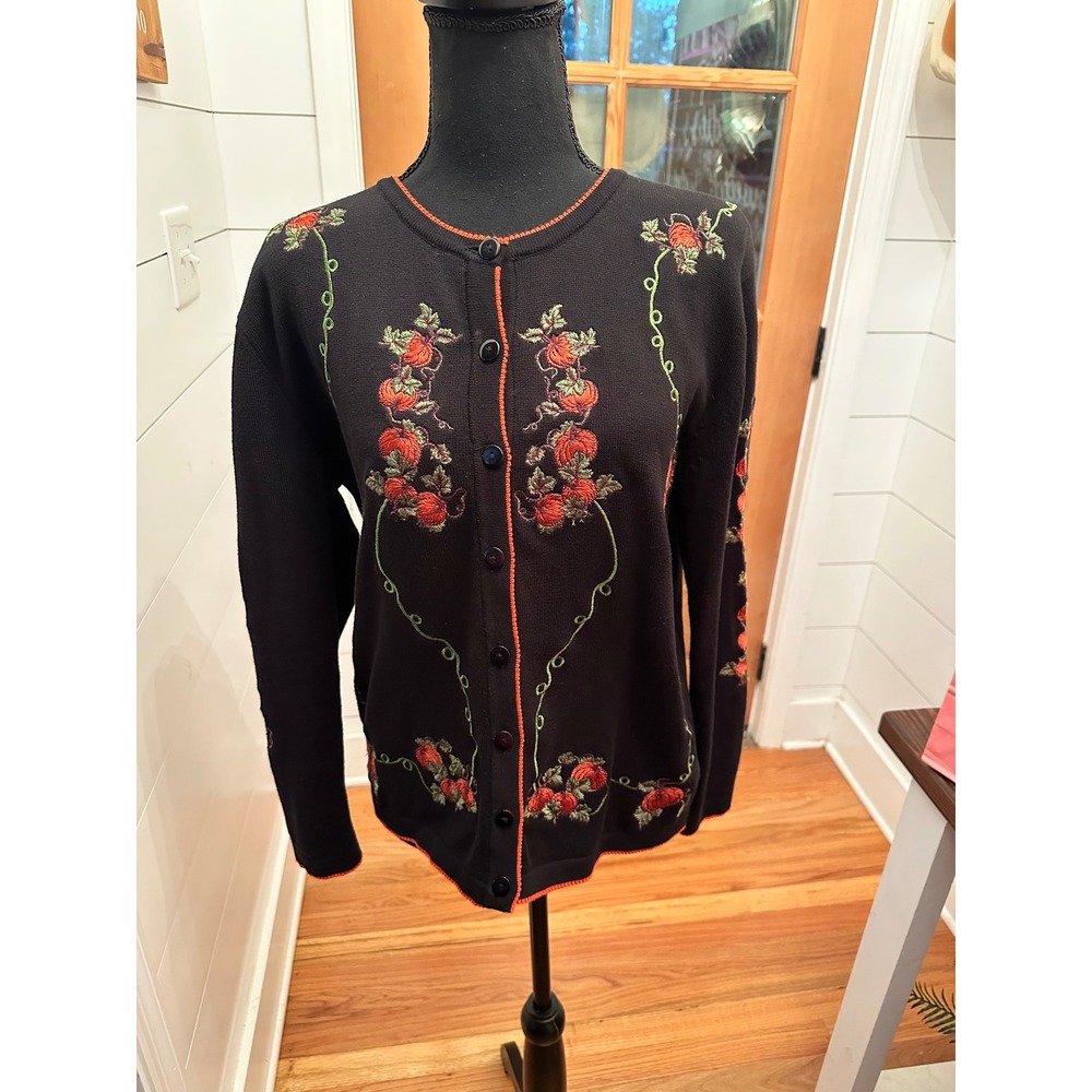 Terazzo Womens Medium Black Pumpkin Embroidered Cardigan Sweater Fall Halloween